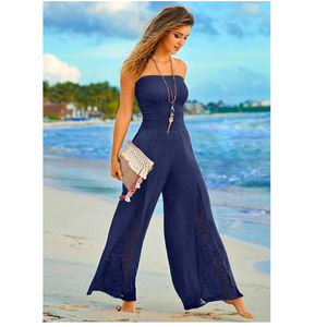 Venus Blue Bandeau Lace Inset Smocked Jumpsuit Blue Sleeveless Size XL